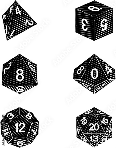 A set of common game dice used for roleplaying RPG or fantasy tabletop board games in a vintage retro woodcut style
