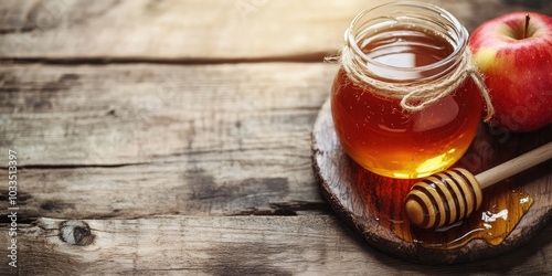 High angle view of a honey dipper resting on a jar of honey and an apple on a wooden table, with copy space. Unchanged, sweet food, fruit, healthy food, and autumn season concept.