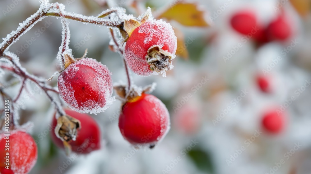 Vibrant frosted red rose hips in a winter garden, covered in delicate morning frost crystals and set against a crisp natural background, capturing the beauty of cold seasonal elegance in nature Vibrant frosted red rose hips in a winter garden, covered in delicate morning frost crystals and set against a crisp natural background, capturing the beauty of cold seasonal elegance in nature