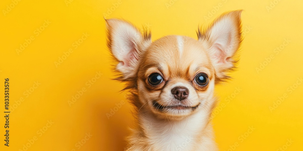 Portrait of an adorable Chihuahua puppy. Small, smiling dog against a vibrant yellow background. Copyspace available for text.