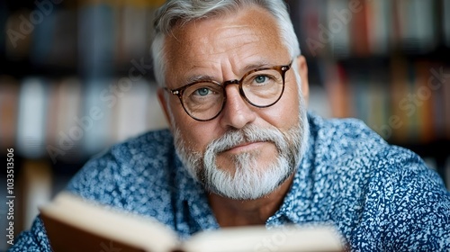 An elderly gentleman deeply engrossed in reading an old leather bound book within the grand and ancient confines of a stunning library surrounded by towering bookshelves and a serene