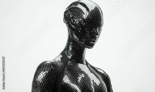 Black, scaly mannequin against white background.