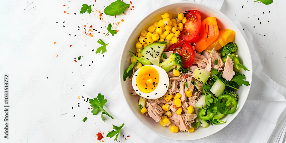 Tuna Salad with Boiled Eggs and Fresh Vegetables on White Plate Tuna Salad with Boiled Eggs and Fresh Vegetables on White Plate