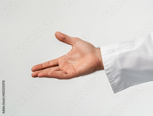 2408 5.A detailed close-up of a doctorâ€™s hand in a holding position, with fingers softly curved around an invisible item. The image is set against a white background, highlighting the doctorâ€™s lab photo