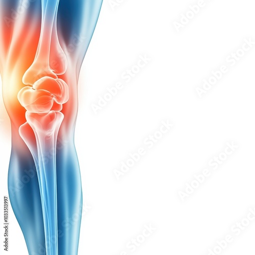 Anatomical illustration of a human knee joint showing pain, highlighting inflammation with vibrant colors for medical education.