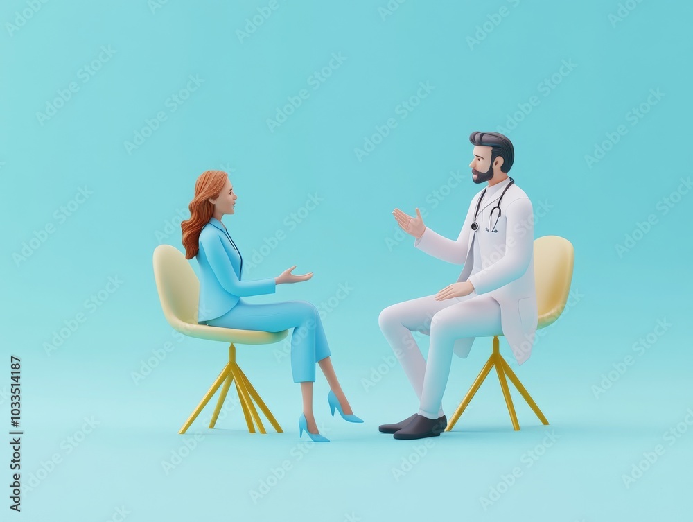 2408 70.A 3D-rendered doctor and patient having a conversation in a healthcare setting, isolated on a light blue background. The doctor gestures as they provide medical advice, while the patient 2408 70.A 3D-rendered doctor and patient having a conversation in a healthcare setting, isolated on a light blue background. The doctor gestures as they provide medical advice, while the patient