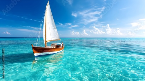 A sailboat gracefully floating on a crystal clear tranquil ocean with a bright blue sky overhead creating a peaceful and picturesque scene perfect for travel adventure and leisure concepts