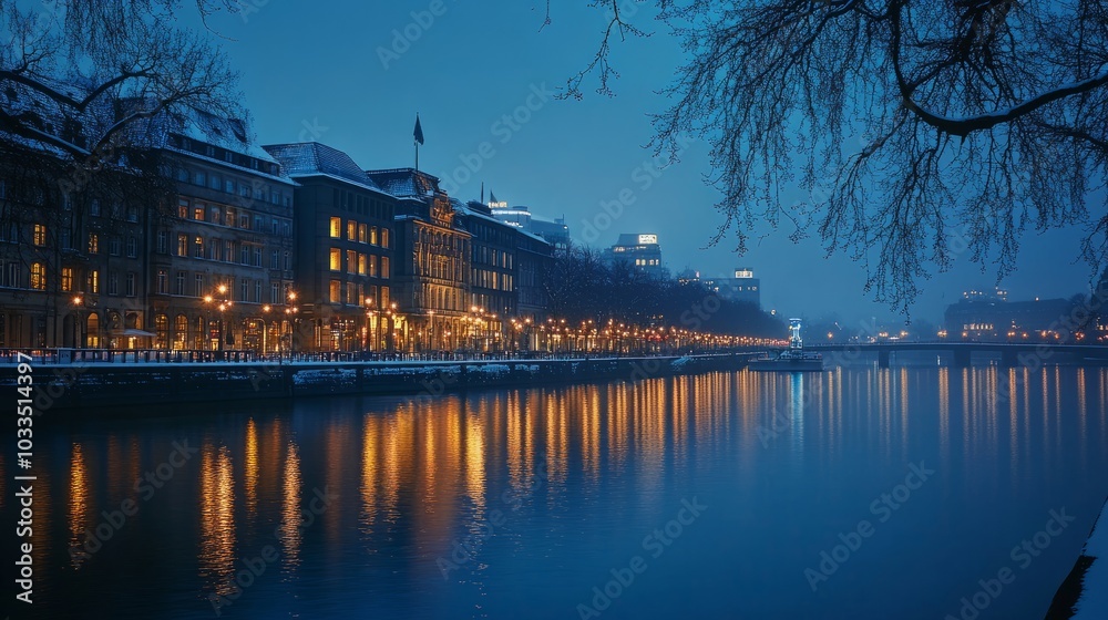 Obraz premium Winter scene in hamburg, germany - illuminated city architecture reflecting in the tranquil waters of binnenalster lake at dusk, showcasing historic buildings and lights against a crisp winter sky