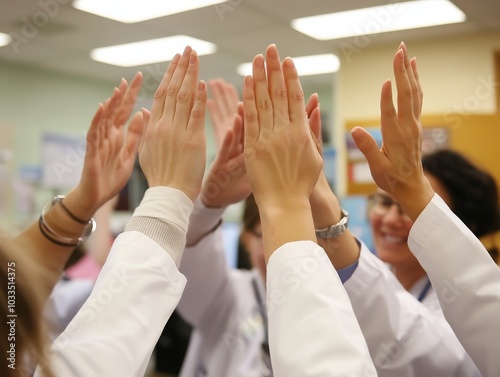 2408 12.Hands of doctors high-fiving in a clinic, symbolizing solidarity and teamwork after a healthcare milestone. The image captures the moment of connection, with the bright clinic environment in