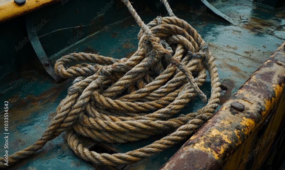 Fototapeta premium Thick rope on a weathered boat deck.