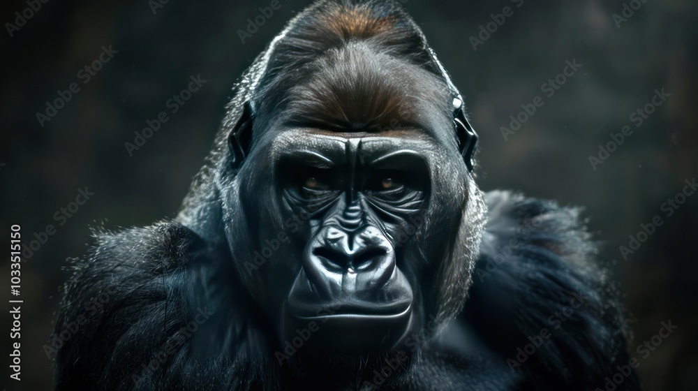 A close-up of a gorilla wearing a mask, looking at the camera with an intense expression.