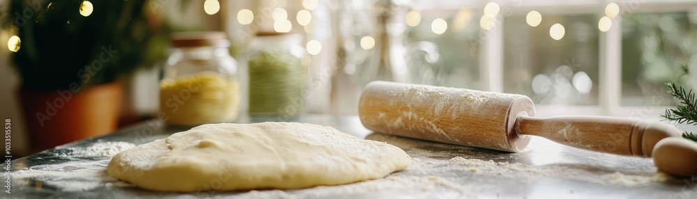 Freshly rolled dough on a kitchen counter with rolling pin, ready for baking. Freshly rolled dough on a kitchen counter with rolling pin, ready for baking.