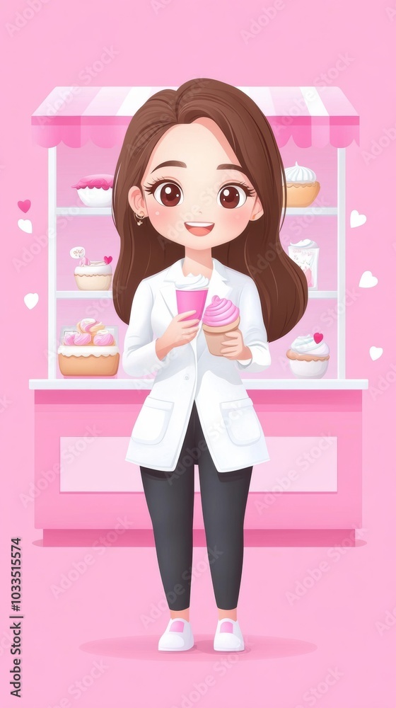Cheerful woman in a white coat holds two ice cream cones in a sweet pink dessert shop. Cheerful woman in a white coat holds two ice cream cones in a sweet pink dessert shop.