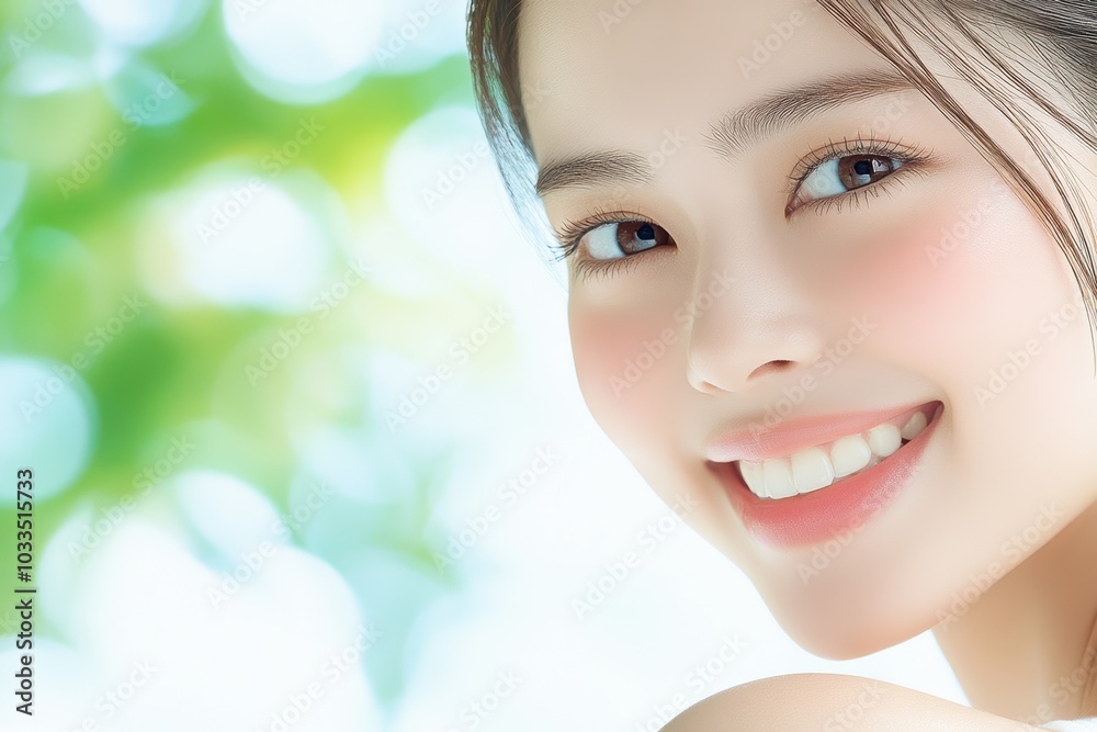 Cheerful young woman smiling with natural beauty, surrounded by soft green bokeh, representing joy and freshness. Cheerful young woman smiling with natural beauty, surrounded by soft green bokeh, representing joy and freshness.