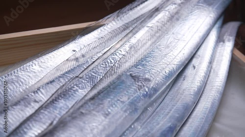 나무 상자에 진열된 신선한 은색 갈치