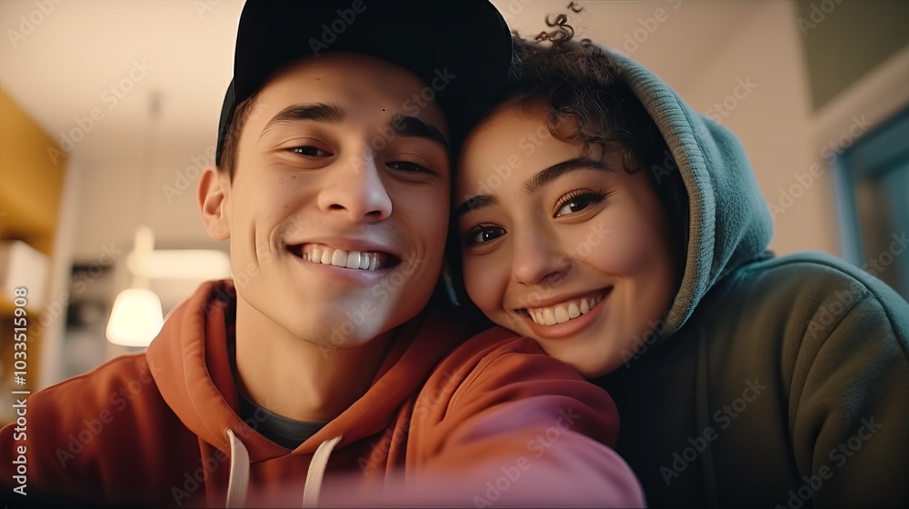 A young man and woman smile for a selfie, happy and close. A young man and woman smile for a selfie, happy and close.
