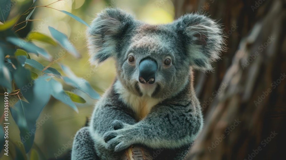 Fototapeta premium A close-up of a koala sitting on the side of a tree branch, with its arms crossed.