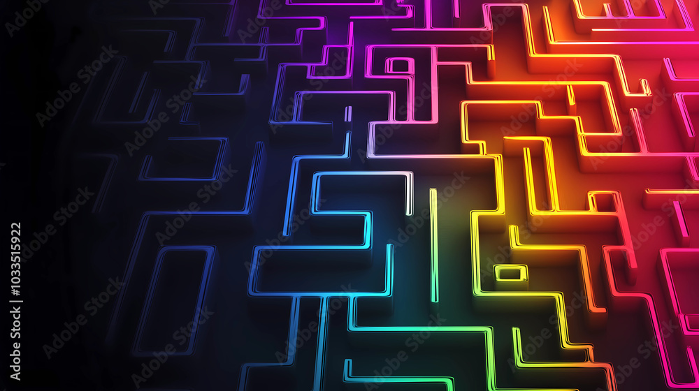 A colorful maze made of neon lights on a black background A colorful maze made of neon lights on a black background
