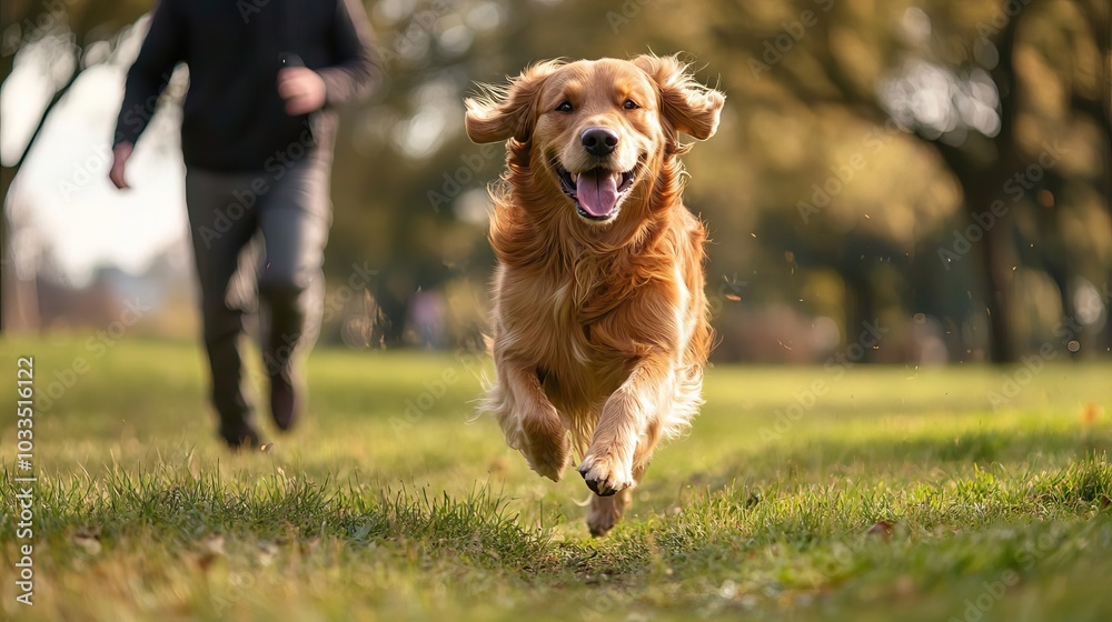 Happy golden retriever running through the grass with a person in a park, joyful and energetic scene. Happy golden retriever running through the grass with a person in a park, joyful and energetic scene.