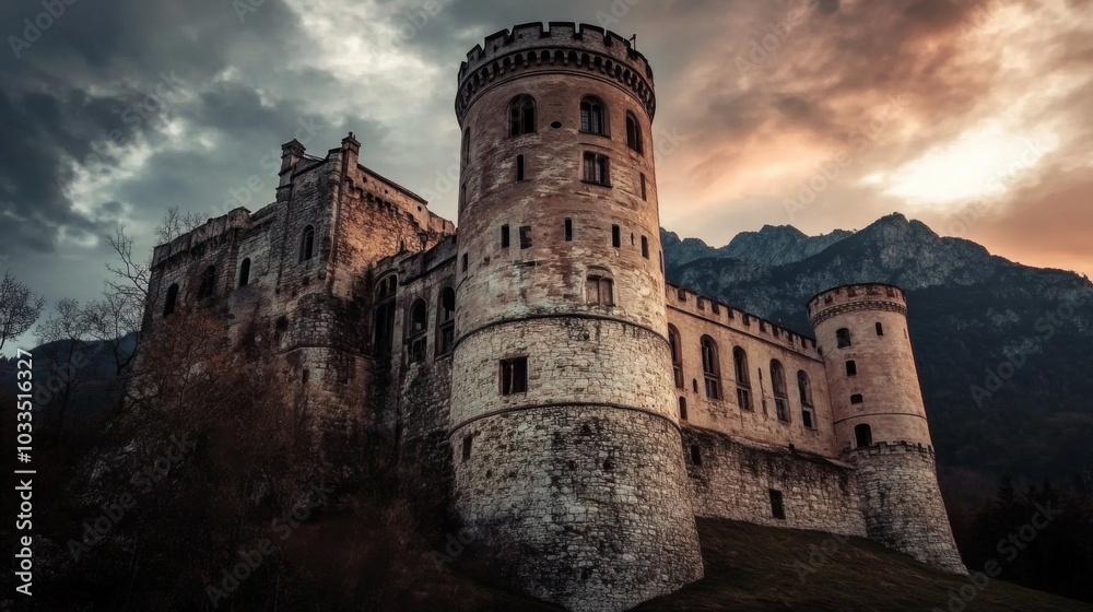 Medieval castle: Ancient castle on mountain, low clouds, and fog. Halloween, fairytale background concept.
Medieval castle: Ancient castle on mountain, low clouds, and fog. Halloween, fairytale background concept.