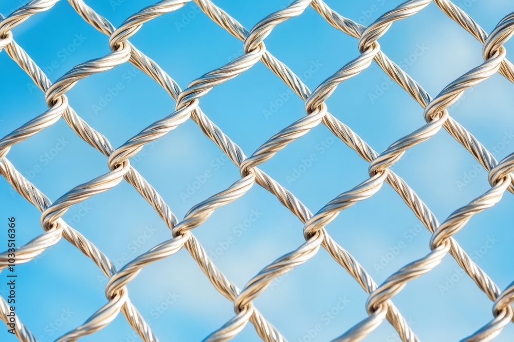 Close-up view of a woven metal mesh against a clear blue sky, highlighting intricate patterns and textures. Close-up view of a woven metal mesh against a clear blue sky, highlighting intricate patterns and textures.