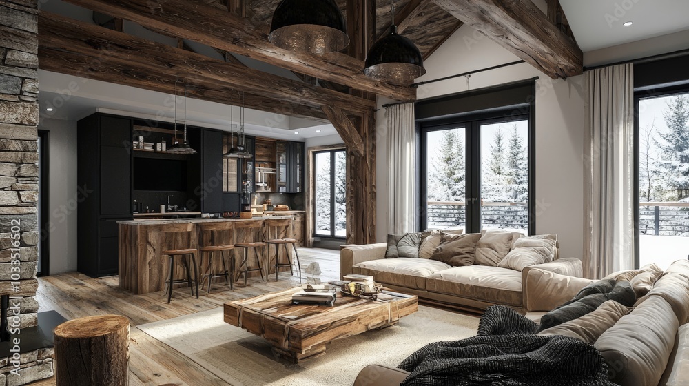 Rustic cozy interior with natural materials and a welcoming atmosphere Rustic cozy interior with natural materials and a welcoming atmosphere