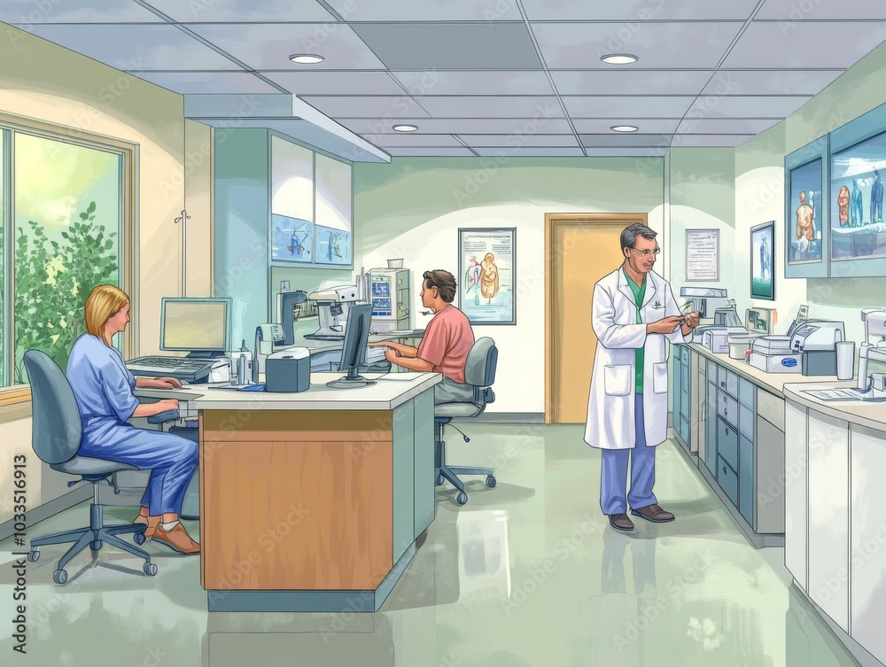 2408 62.A vector illustration of a doctor consulting with a patient at a desk, while nearby another patient undergoes tests in a lab setting. The medical clinic is organized with various stations for 2408 62.A vector illustration of a doctor consulting with a patient at a desk, while nearby another patient undergoes tests in a lab setting. The medical clinic is organized with various stations for