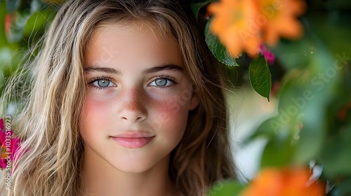 A young woman standing amidst a lush vibrant flower garden surrounded by blooming plants and soft radiant sunlight that creates a serene and enchanting atmosphere