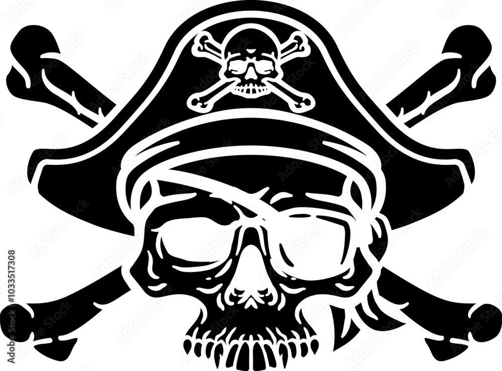 A pirate skull and crossbones jolly roger grim reaper cartoon wearing captain a hat and eye patch A pirate skull and crossbones jolly roger grim reaper cartoon wearing captain a hat and eye patch