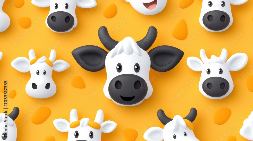 Obraz premium Colorful and playful cow faces on a vibrant orange background, perfect for agricultural or children's themed projects.