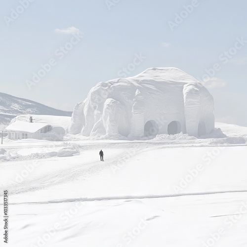 A snowy landscape featuring a large, sculpted snow structure and a lone figure.