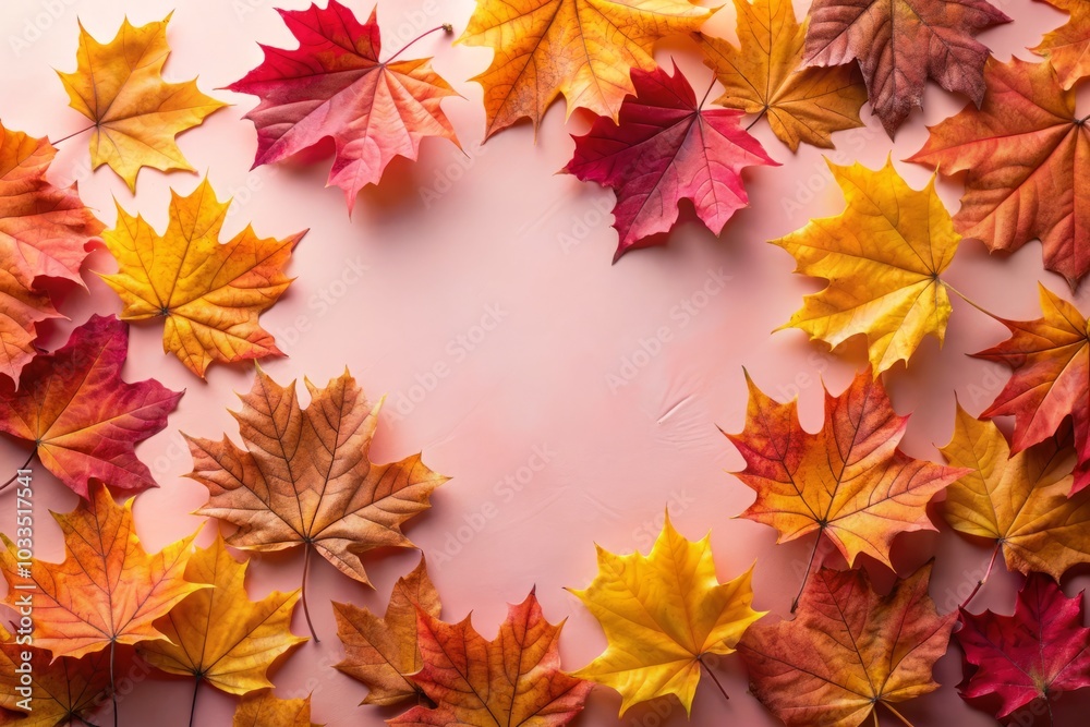 Bright Autumn Maple Leaves on Pink Paper Background, Seasonal Fall Composition, Thanksgiving Day Concept, Creative Flatlay, Top View, Copy Space Photography Bright Autumn Maple Leaves on Pink Paper Background, Seasonal Fall Composition, Thanksgiving Day Concept, Creative Flatlay, Top View, Copy Space Photography