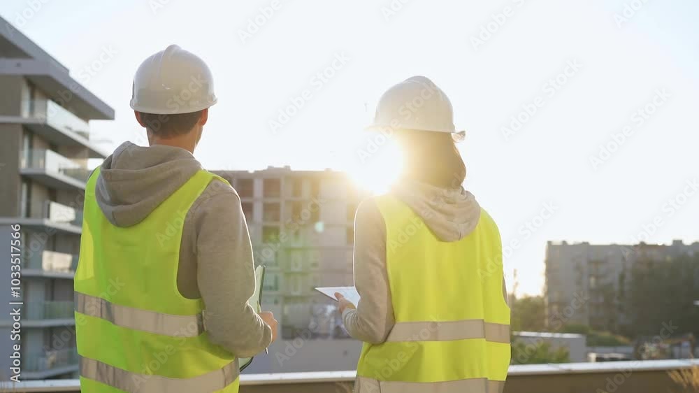 Two engineers are standing on a construction site wearing hard hats and safety vests looking at a building Two engineers are standing on a construction site wearing hard hats and safety vests looking at a building
