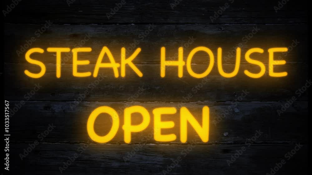 steak house open neon effect sign on a dark background steak house open neon effect sign on a dark background