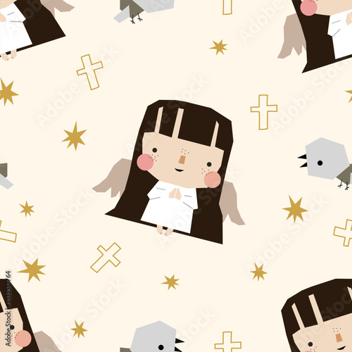 Cute angel seamless pattern easter background with cross, dove, holy christianity religion wallpaper texture