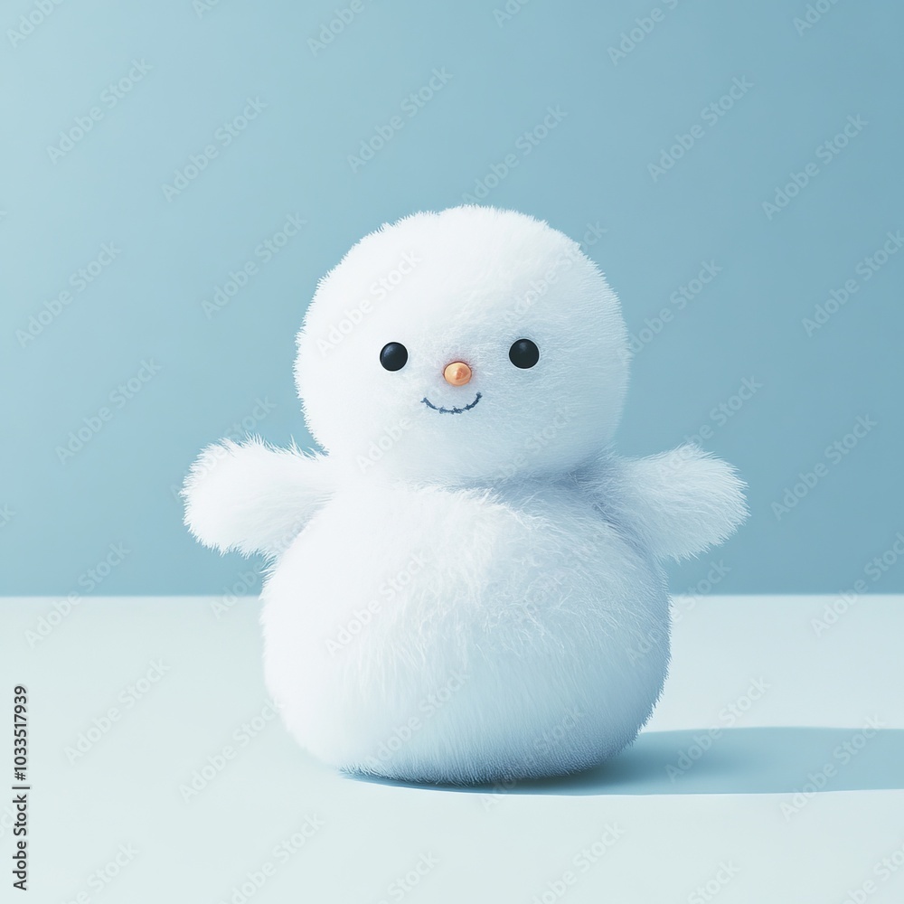A cute, fluffy snowman toy with a smiling face and small features. A cute, fluffy snowman toy with a smiling face and small features.