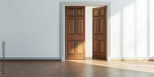 Close-up of an open wooden door in an empty room with copyspace.