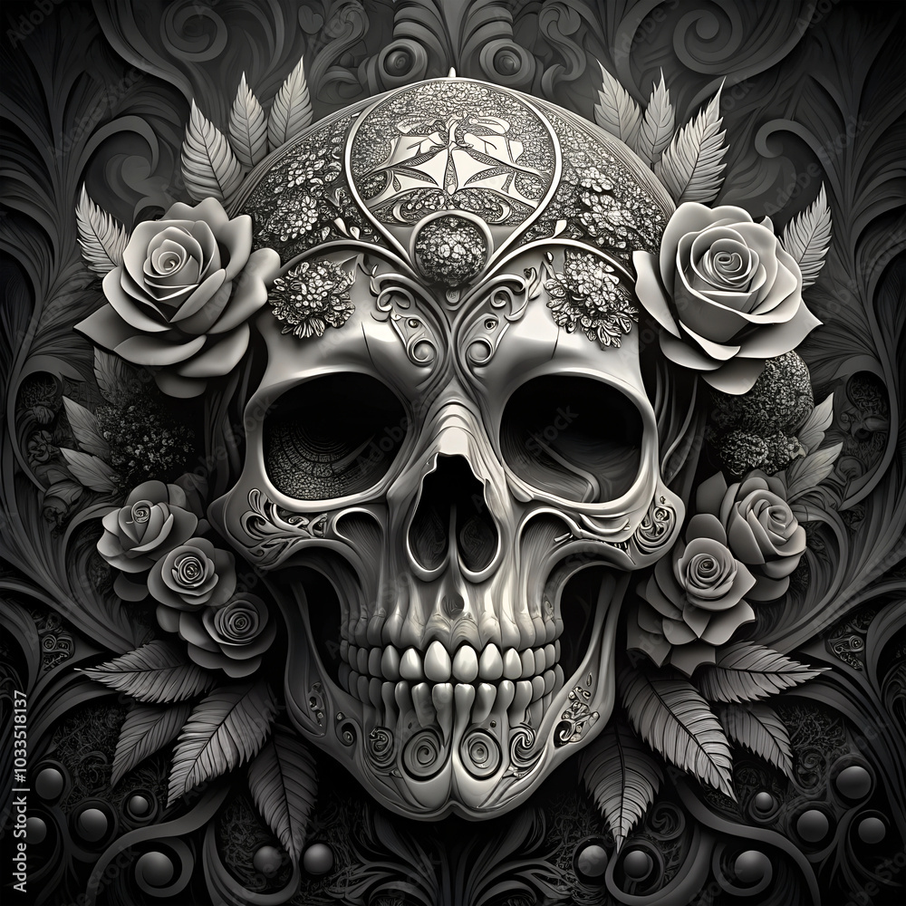 Naklejka premium Halloween Flower Skull vector, Rose Skull Shirt Eps, Evil Head illustration,