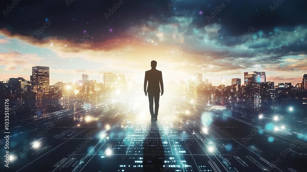 Silhouette of a man walking towards a bright cityscape, symbolizing opportunity and innovation. Silhouette of a man walking towards a bright cityscape, symbolizing opportunity and innovation.