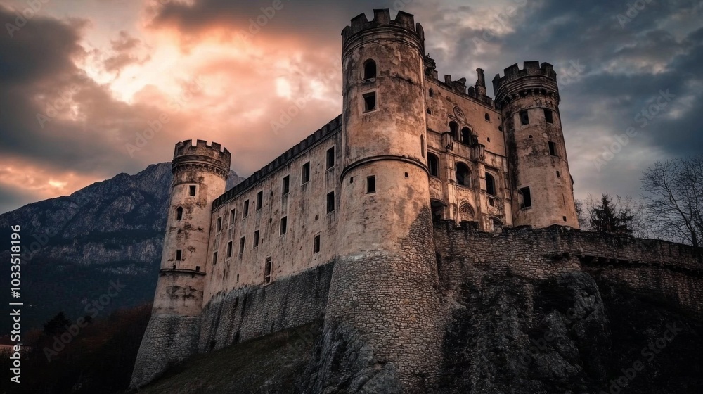 Medieval castle: Ancient castle on mountain, low clouds, and fog. Halloween, fairytale background concept.
Medieval castle: Ancient castle on mountain, low clouds, and fog. Halloween, fairytale background concept.