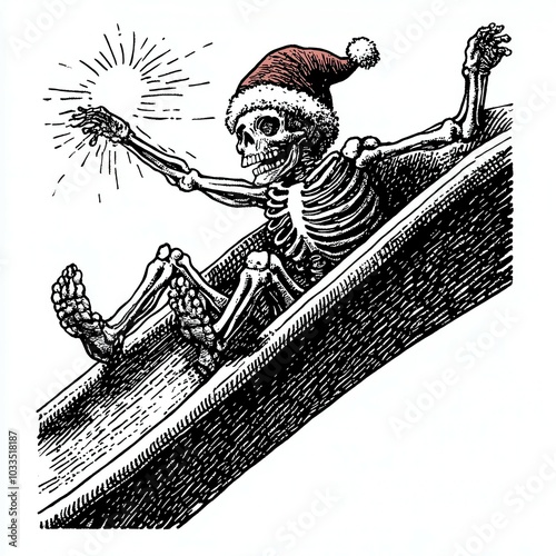 Skeleton wearing Santa hat, festive fun photo