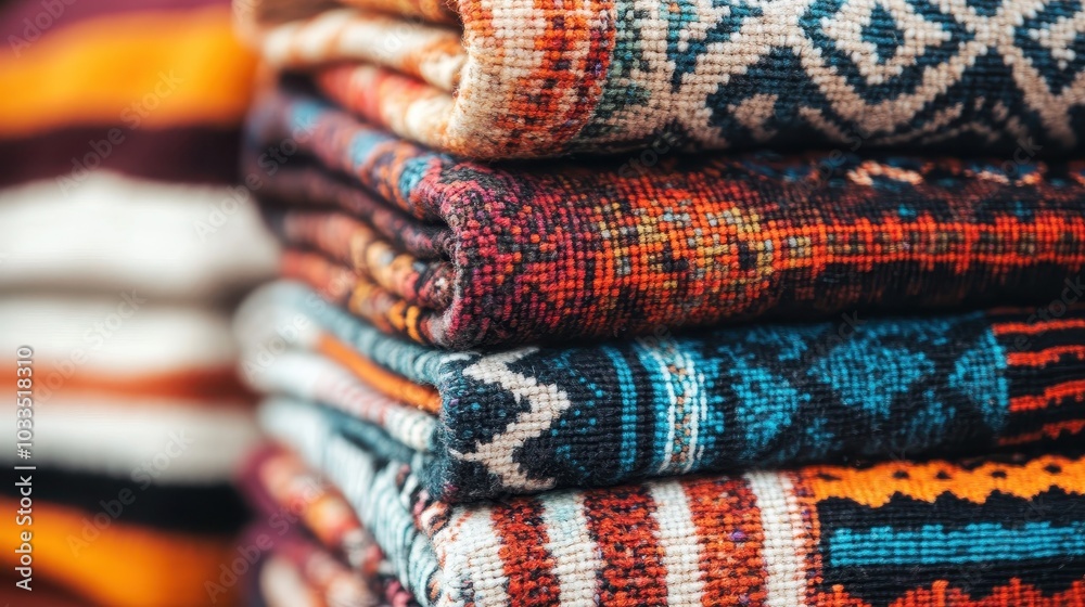 Fototapeta premium A vibrant stack of patterned textiles showcasing intricate designs and rich colors, ideal for home decor or fashion inspiration.