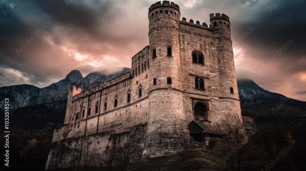 Medieval castle: Ancient castle on mountain, low clouds, and fog. Halloween, fairytale background concept.
Medieval castle: Ancient castle on mountain, low clouds, and fog. Halloween, fairytale background concept.