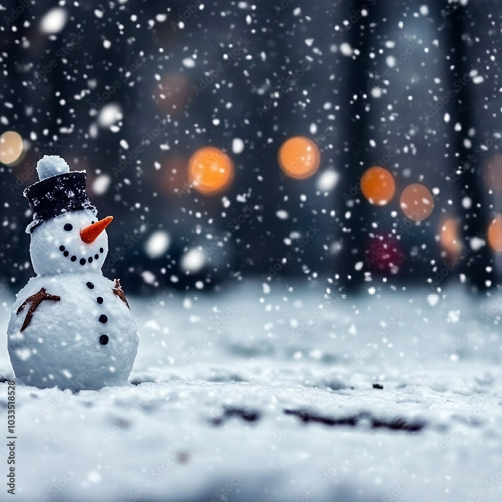 A cheerful snowman stands in a snowy landscape with falling snowflakes.