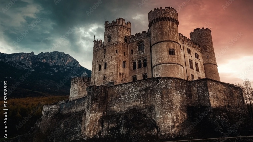 Medieval castle: Ancient castle on mountain, low clouds, and fog. Halloween, fairytale background concept.
Medieval castle: Ancient castle on mountain, low clouds, and fog. Halloween, fairytale background concept.