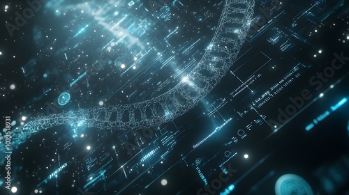 Digital representation of a DNA strand with futuristic interface elements