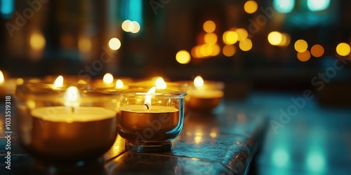 Memorial candles set against the blurred, dimly lit interior of the holy temple. Background suitable for a religious article.