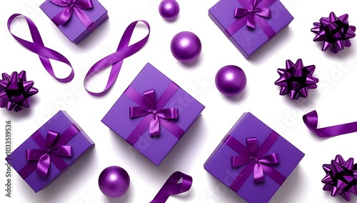 Set of luxury purple gift boxes with ribbon, shown from various angles. Available in different shapes and sizes, isolated on a clean white background. photo