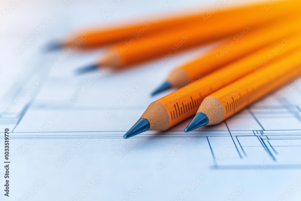 Four orange pencils placed on a blueprint, symbolizing precision and architectural planning. Four orange pencils placed on a blueprint, symbolizing precision and architectural planning.