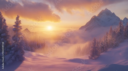 Majestic sunrise over snow-capped winter mountains with a glorious golden horizon illuminating the tranquil alpine landscape, capturing the serene beauty of nature in the early morning light